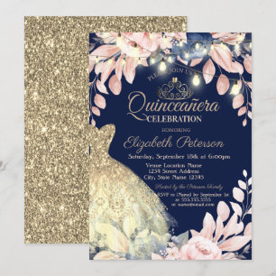 Gold Glitter Dress,Tiara Floral Quinceañera Invitation