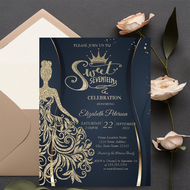 Gold Glitter Dress Tiara Navy Blue Quinceañera   Invitation (Creator Uploaded)