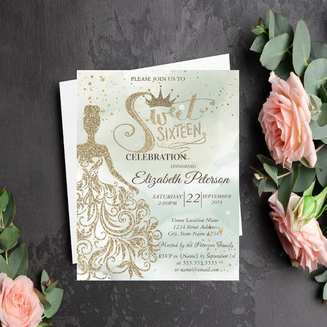 Gold Glitter Dress,Tiara,Watercolor Green Sweet 16 Invitation (Creator Uploaded)