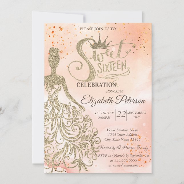 Gold Glitter Dress,Tiara,Watercolor OrangeSweet 16 Invitation (Front)