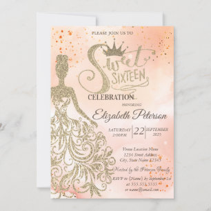 Gold Glitter Dress,Tiara,Watercolor OrangeSweet 16 Invitation