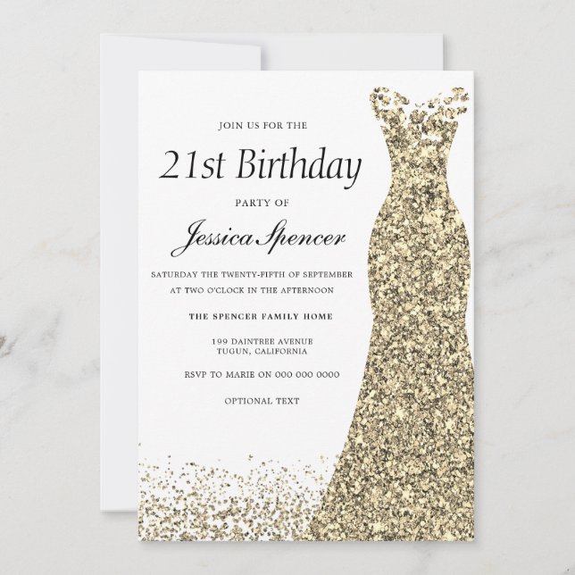 Gold Glitter Dress Womans 21st Birthday Party Invitation (Front)