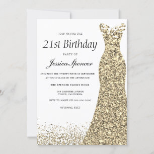 Gold Glitter Dress Womans 21st Birthday Party Invitation