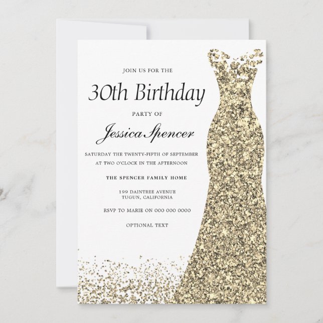 Gold Glitter Dress Womans 30th Birthday Party Invitation (Front)