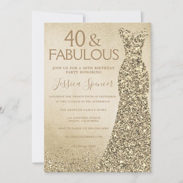 Gold Glitter Dress Womans 40th Birthday Party Invitation (Front)