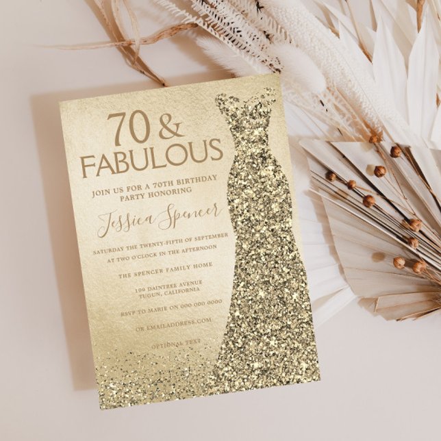 Gold Glitter Dress Womans 70th Birthday Party Invitation (Creator Uploaded)