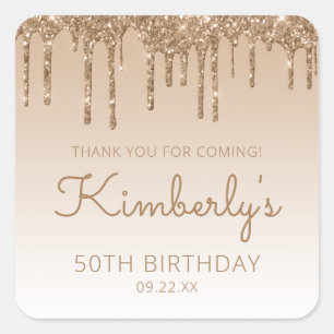 Gold Glitter Drip 50th Birthday Party Thank You Square Sticker