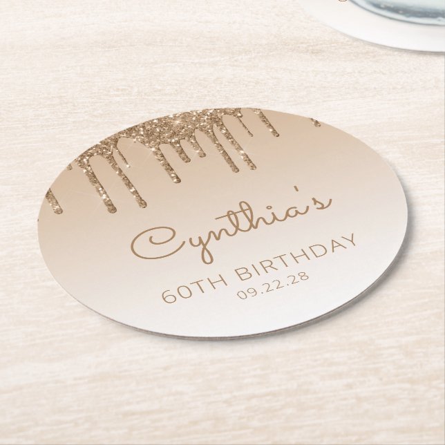 Gold Glitter Drip 60th Birthday Party Round Paper Coaster (Angled)