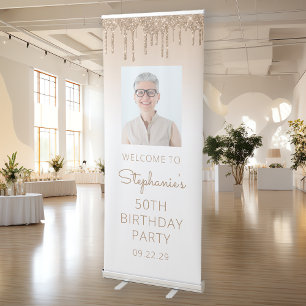 Gold Glitter Drip Custom Photo 50th Birthday Party Retractable Banner