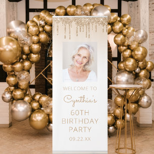 Gold Glitter Drip Custom Photo 60th Birthday Party Retractable Banner