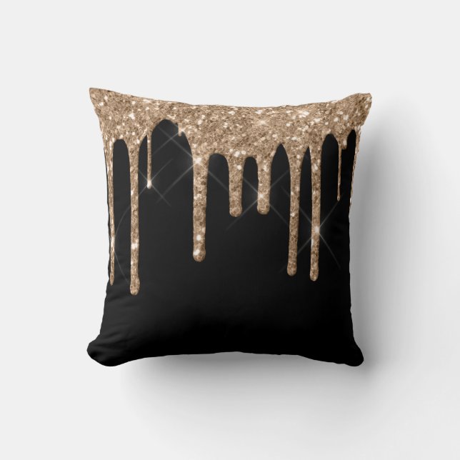 *~* Gold Glitter Drip Drips Black  Cushion (Front)