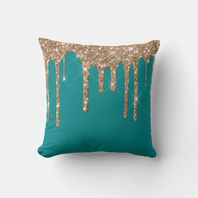 *~* Gold Glitter Drip Drips TEAL  Throw Pillow (Front)