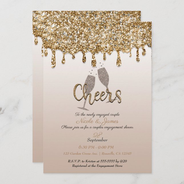 Gold Glitter Drip Glam Bubbly Engagement Shower Invitation (Front/Back)