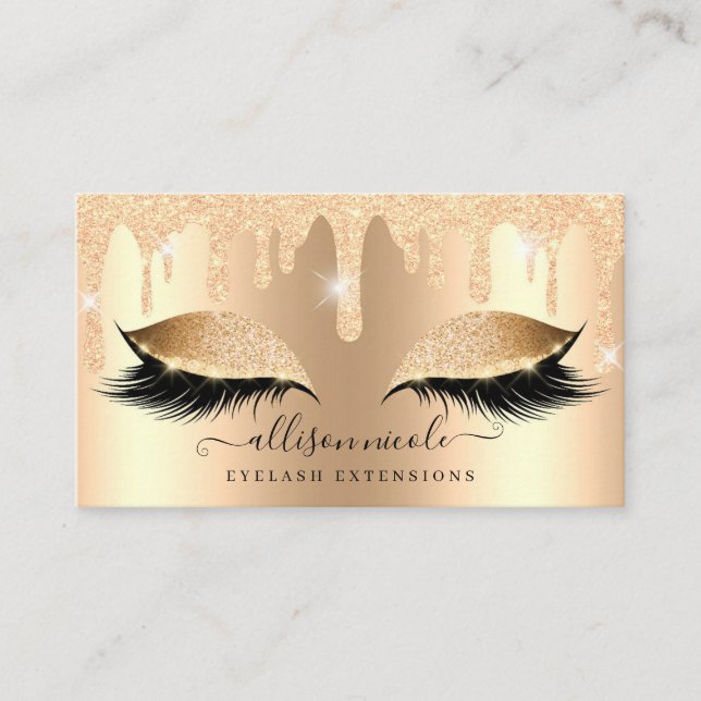 Gold Glitter Drip Metallic Foil Eyelash Business Card (Front)