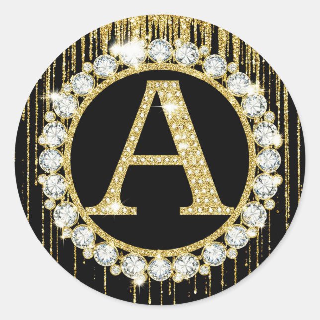 Gold Glitter Drip Monogram A Personal Initial Classic Round Sticker (Front)