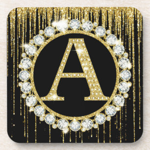 Gold Glitter Drip Monogram A Personal Initial Coaster