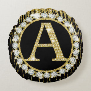Gold Glitter Drip Monogram A Personal Initial Round Cushion