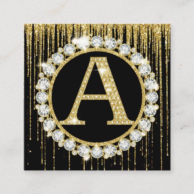 Gold Glitter Drip Monogram A Personal Initial Square Business Card (Front)