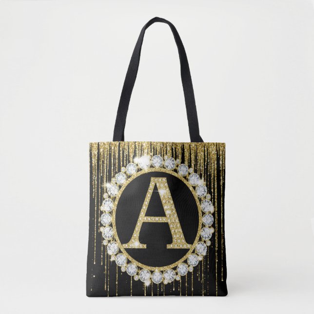 Gold Glitter Drip Monogram A Personal Initial Tote Bag (Front)