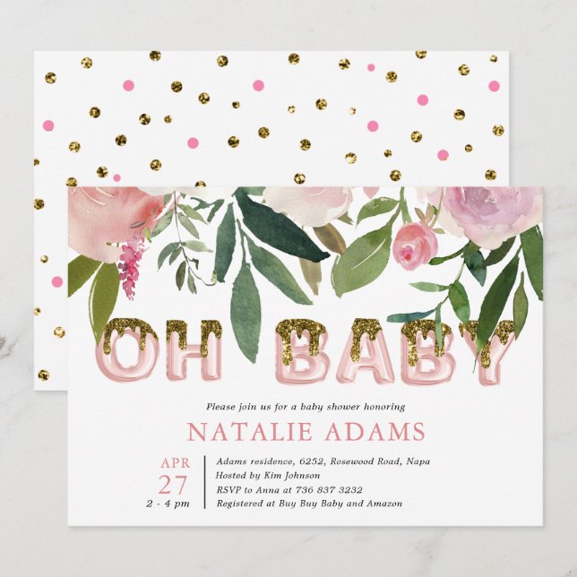Gold Glitter Drip Oh Baby Blush Floral Baby Shower Invitation (Front/Back)