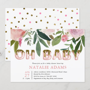 Gold Glitter Drip Oh Baby Blush Floral Baby Shower Invitation