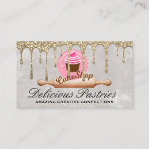 Gold Glitter Drip   Pastry Cupcake   Rolling Pin Business Card