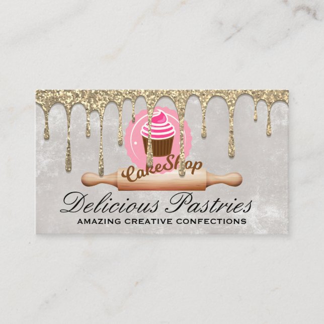 Gold Glitter Drip | Pastry Cupcake | Rolling Pin Business Card (Front)