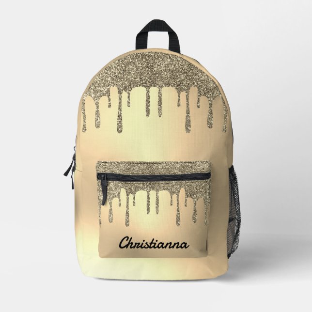 Gold Glitter Drip Printed Backpack (Front)