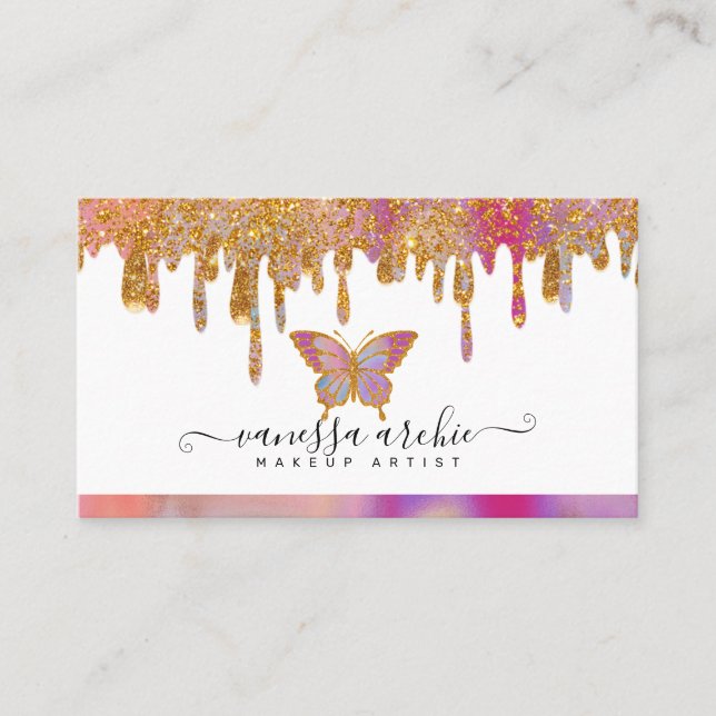 Gold Glitter Drip Rainbow Butterfly Logo Business Card (Front)