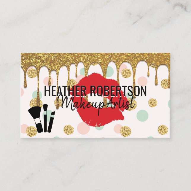 Gold Glitter Drip | Red Kiss | Polka Dots Business Card (Front)