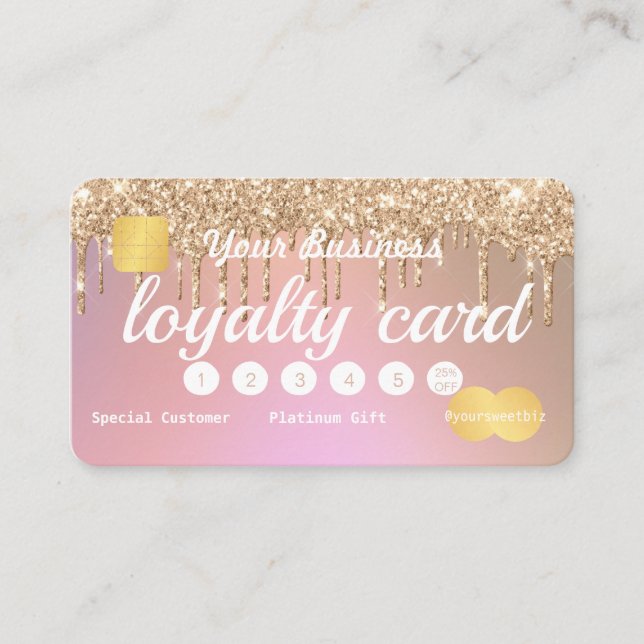 Gold Glitter Drip Rose Pink Loyalty Credit Business Card (Front)