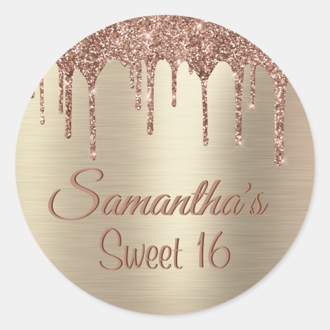 Gold Glitter Drip Sweet 16 Birthday Classic Round Sticker (Front)