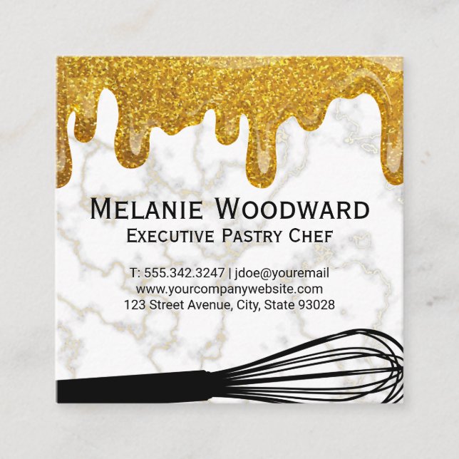 Gold Glitter Drip | White Marble and Whisk Square Business Card (Front)