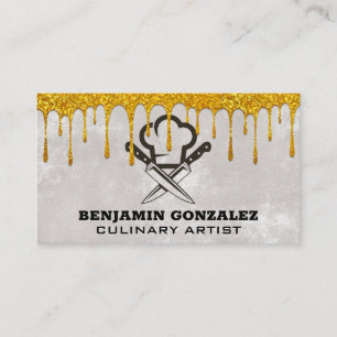 Gold Glitter Dripping Chef Hat Knives Business Card