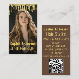 Gold Glitter Dripping Modern Hair Stylist QR Code Business Card