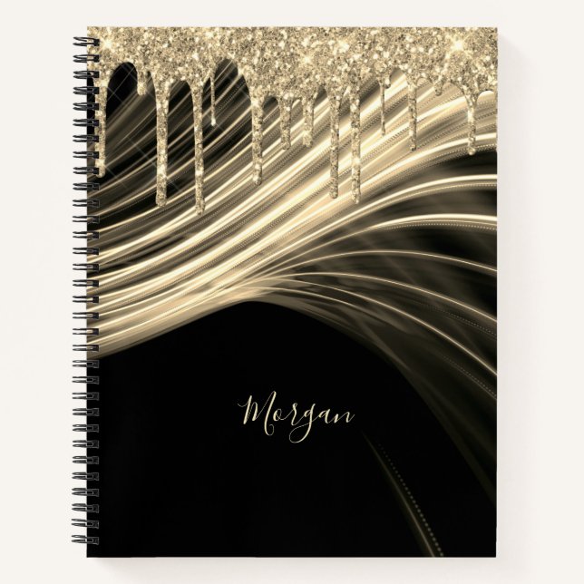 Gold Glitter Drips and Light Rays, Gold Name Notebook (Front)