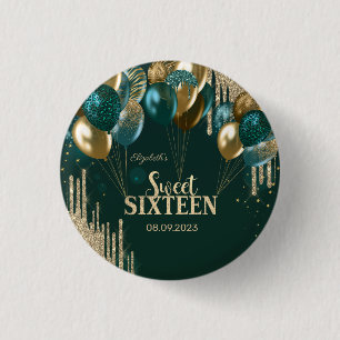  Gold Glitter Drips Balloons Green Sweet 16 3 Cm Round Badge