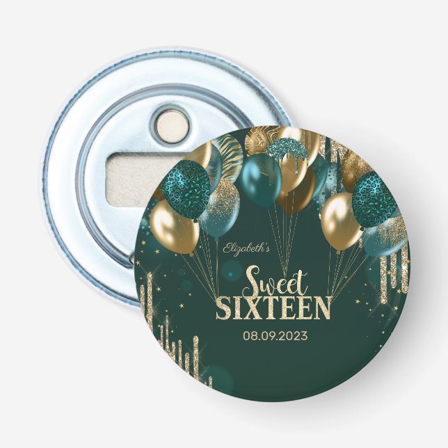 Gold Glitter Drips Balloons Green Sweet 16 Bottle Opener (Front)