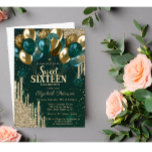 Gold Glitter Drips Balloons Green Sweet 16 Invitation<br><div class="desc">A modern,  chic and glamourous glitter drips,  and balloons on a green background.</div>