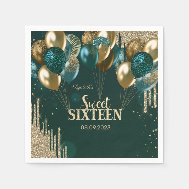  Gold Glitter Drips Balloons Green Sweet 16 Napkin (Front)