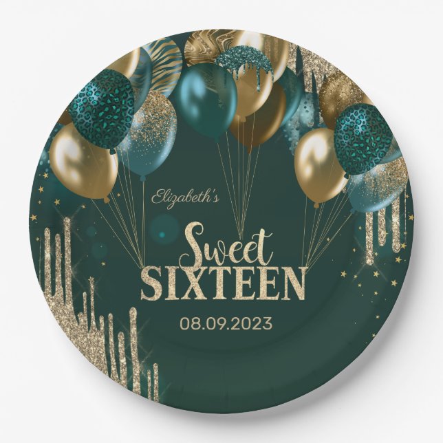  Gold Glitter Drips Balloons Green Sweet 16 Paper Plate (Front)