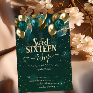 Gold Glitter Drips Balloons Green Sweet 16 RSVP Invitation