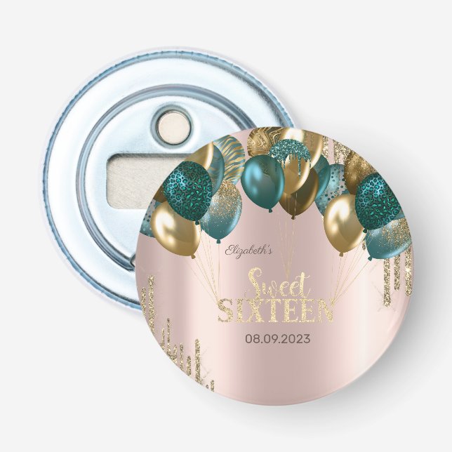  Gold Glitter Drips Balloons Rose Gold Sweet 16 Bottle Opener (Front)