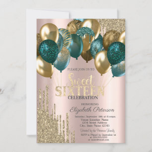 Gold Glitter Drips Balloons Rose Gold Sweet 16 Invitation