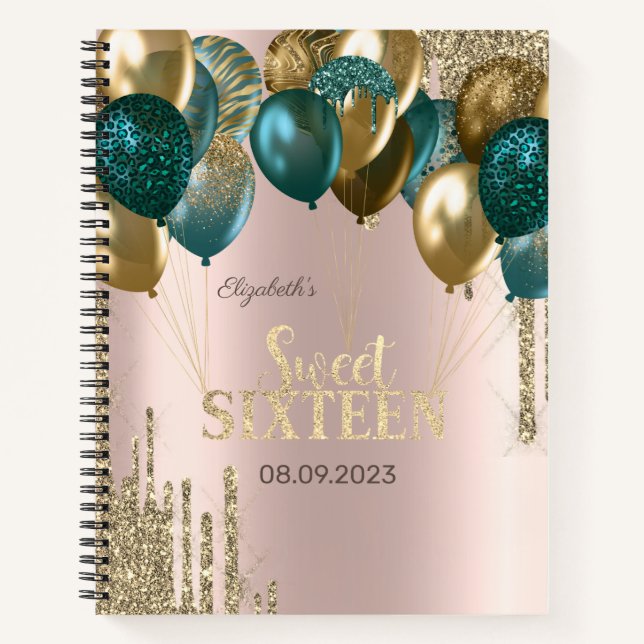  Gold Glitter Drips Balloons Rose Gold Sweet 16 Notebook (Front)