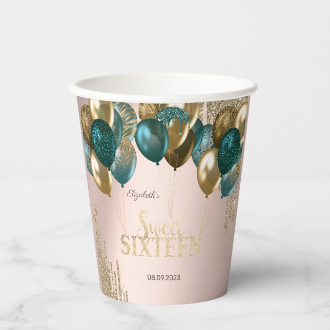 Gold Glitter Drips Balloons Rose Gold Sweet 16 Paper Cups (Front)