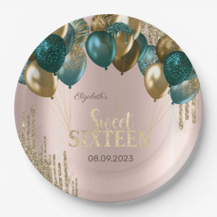  Gold Glitter Drips Balloons Rose Gold Sweet 16 Paper Plate
