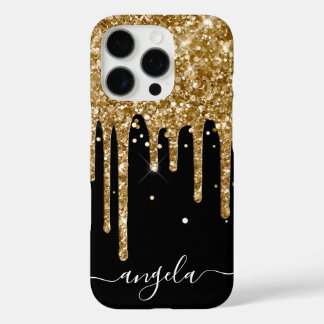 Gold Glitter Drips Black Glam Signature iPhone 16 Pro Case