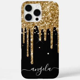 Gold Glitter Drips Black Glam Signature iPhone 16 Pro Max Case
