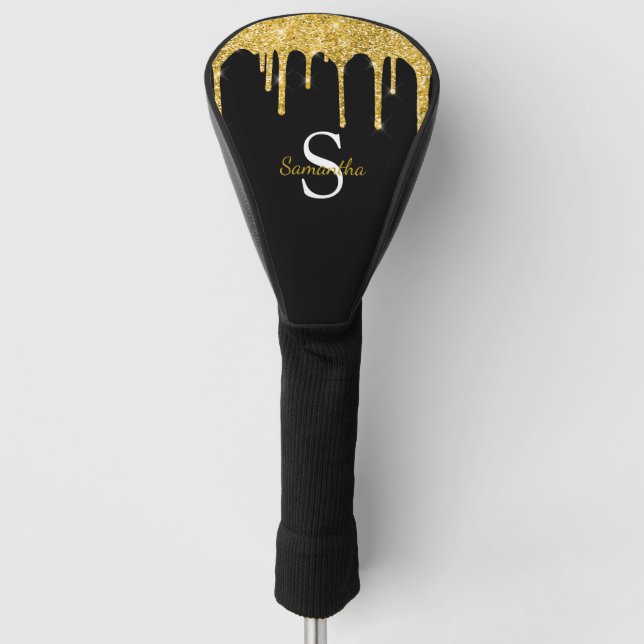 Gold Glitter Drips Black Monogram Name Golf Head Cover (Front)